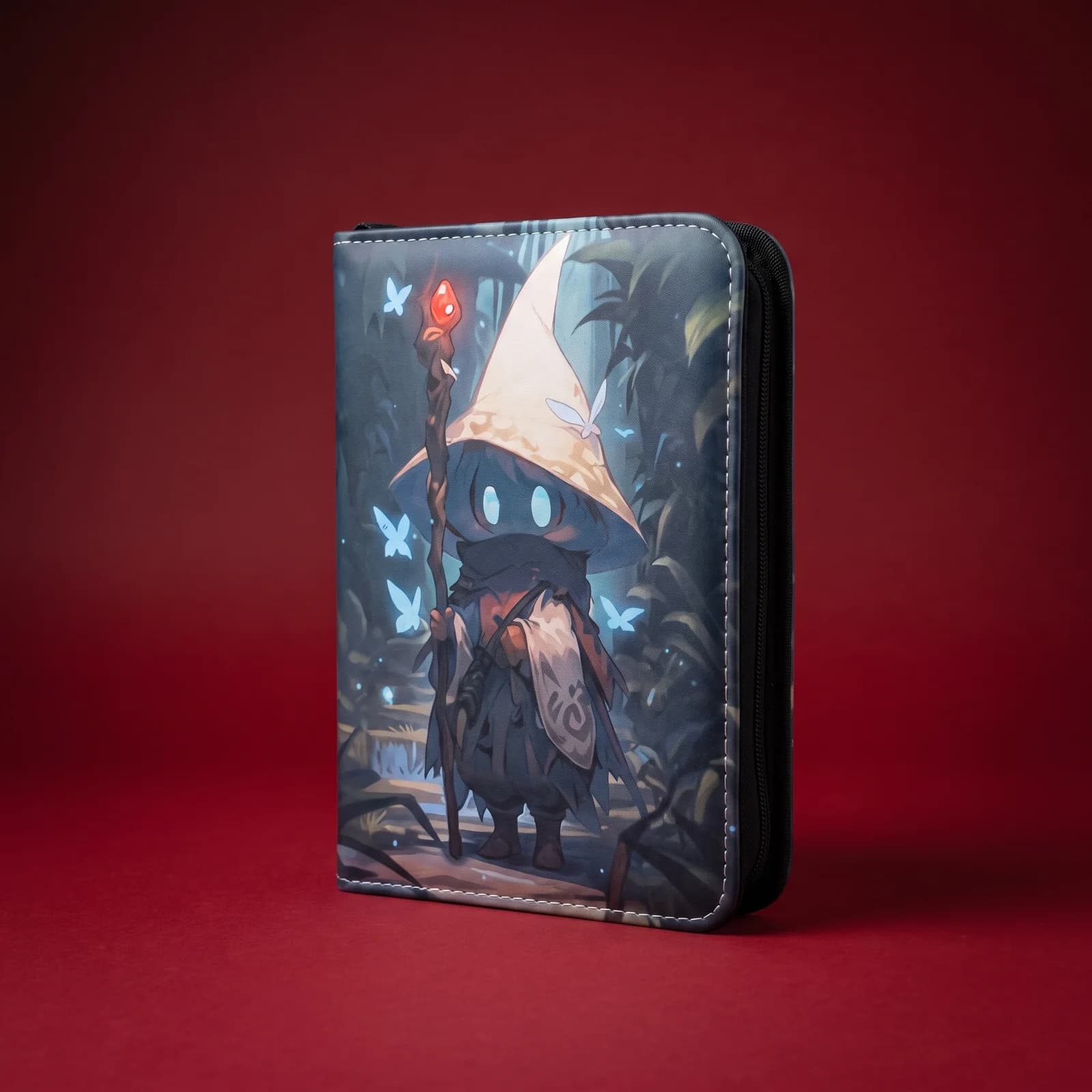 Kart kolleksiyası üçün binder — sehrbaz rəsmi, studiya məhsul fotosu, qırmızı fon